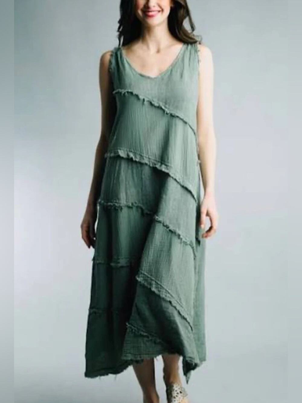 Tempo Paris 100% linen lagenlook frayed midi dress size XL